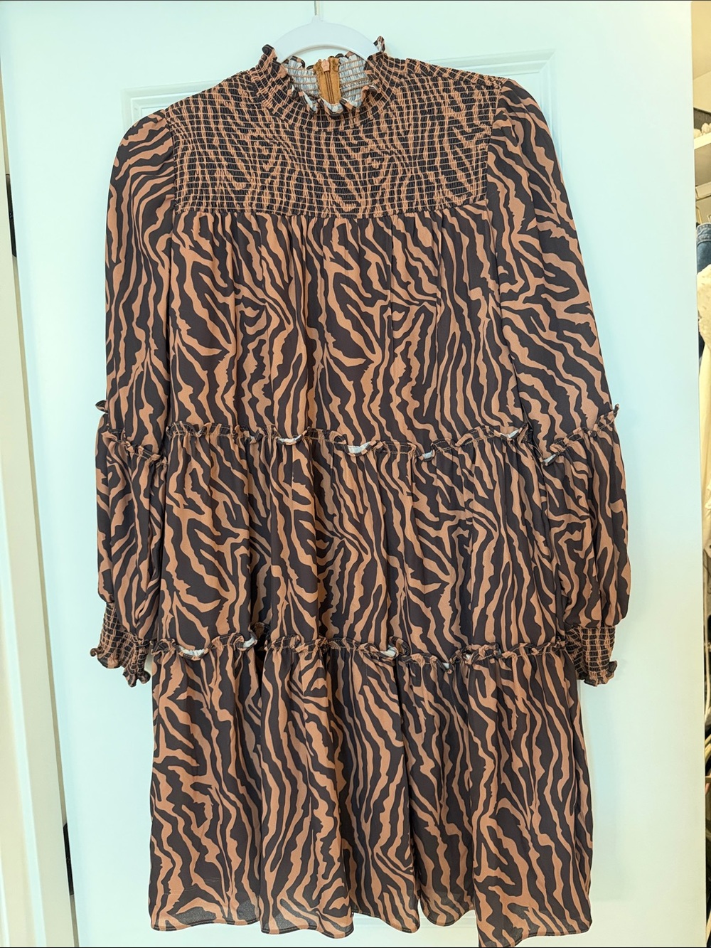 Saks Fifth Avenue Brown and Black Zebra-Print Tiered A-Line Dress